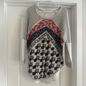 Free People Gray and Red Patterned Long Sleeve Top